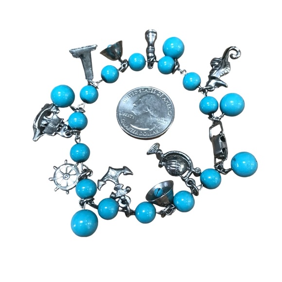 Vintage blue charm bracelet ship wheel bell seahorse anchor globe lighthouse - Picture 1 of 8